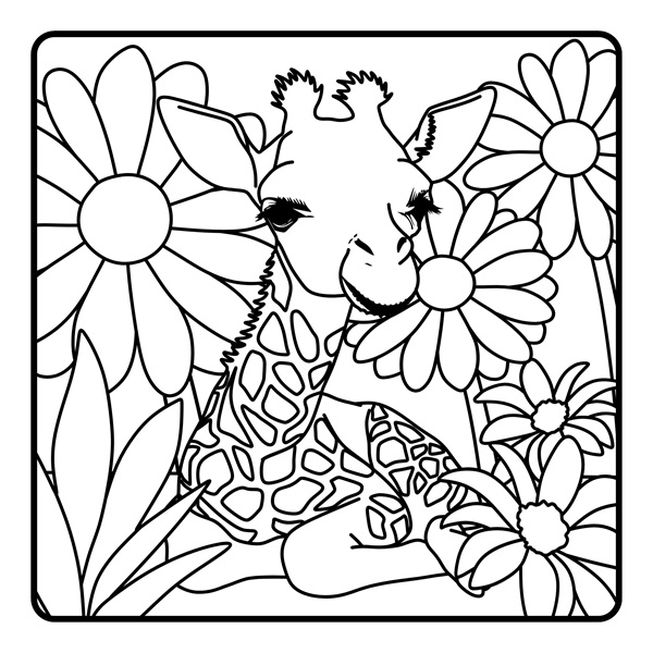 Black and white line art illustration of a baby giraffe lying down with flowers beside it. The page is designed for coloring, featuring intricate outlines that highlight the giraffe’s gentle expression and the delicate details of the surrounding flowers.