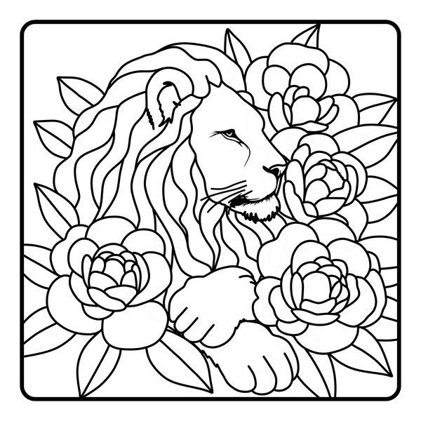 Black and white line art illustration of a lion surrounded by roses and other flowers. This coloring book page features intricate outlines, highlighting the lion’s majestic expression and the delicate details of the floral arrangement.