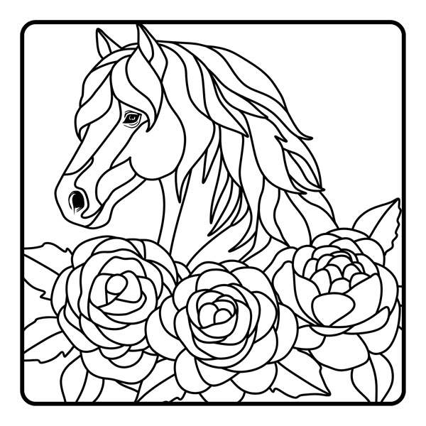 Horse among roses and flowers, coloring page, bold lines, line art