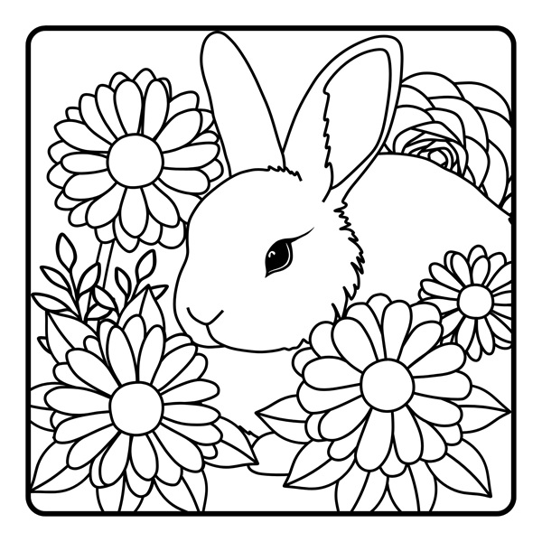 Rabbit with flowers, coloring page, bold lines, line art.