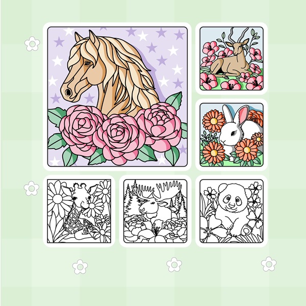 Illustration of the back cover of a coloring book, featuring beautifully colored animals surrounded by vibrant flowers. The designs are fully colored, showcasing intricate details and rich hues, giving a preview of how the illustrations can look once completed.