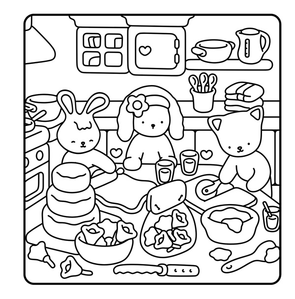 Three animal friends, a puppy, a bunny, and a kitten, decorating a cake in the kitchen. Coloring page. Coloring book. Kawaii. Line art. Animal characters
