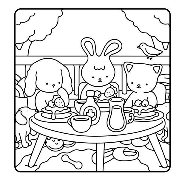 Three animal friends, a puppy, a bunny, and a kitten, enjoying breakfast on the terrace. Coloring page. Coloring book. Kawaii. Line art. Animal characters