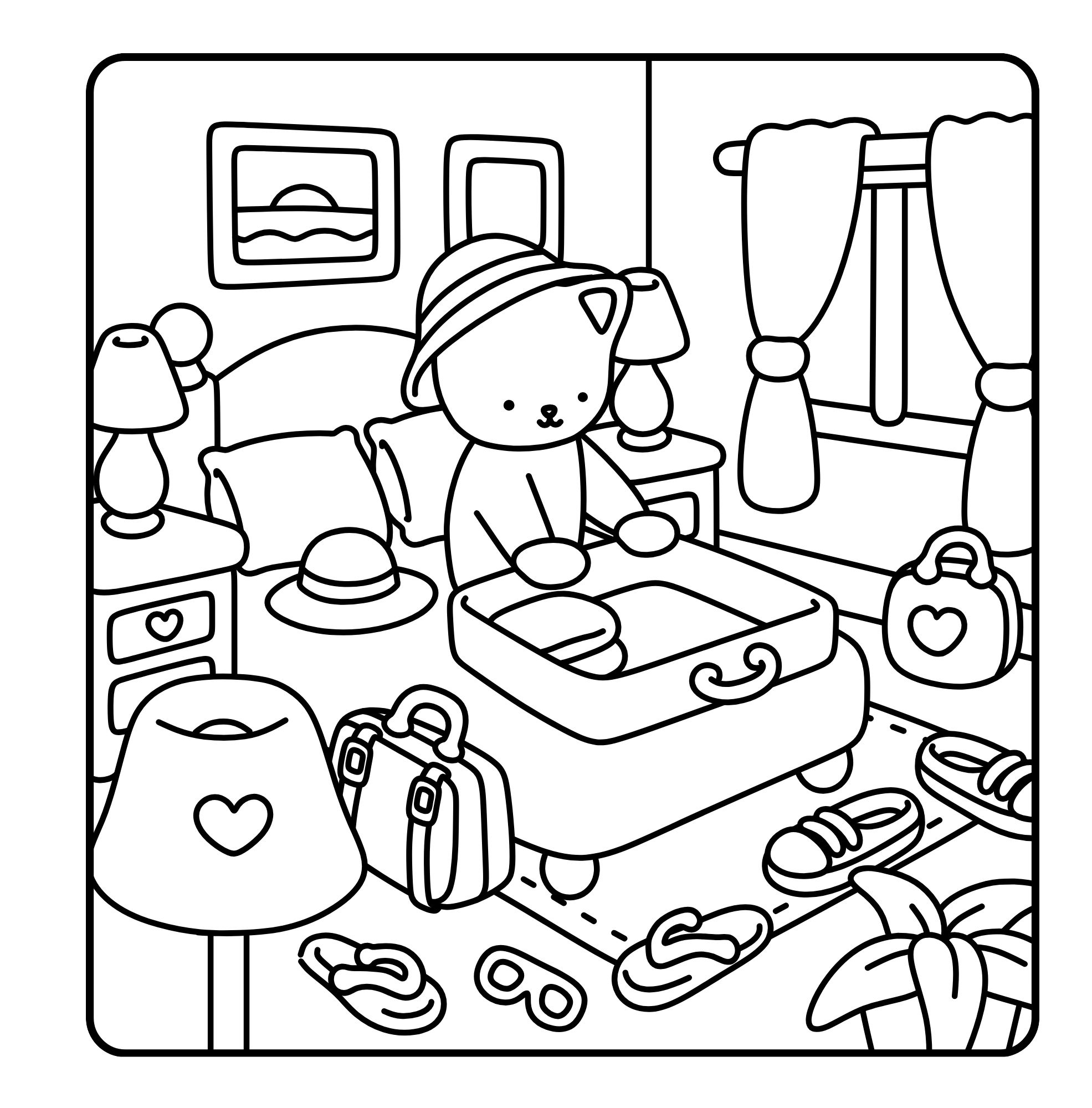 A kitten packing a suitcase in her room. Coloring page. Coloring book. Kawaii. Line art. Animal characters