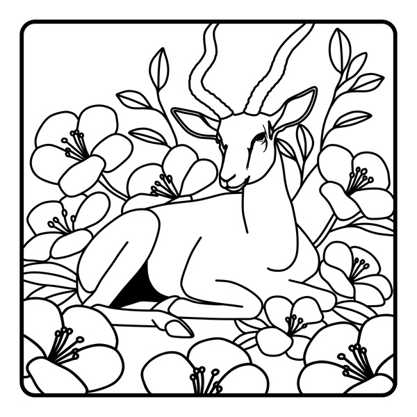 Gazelle with flowers, coloring page, bold lines