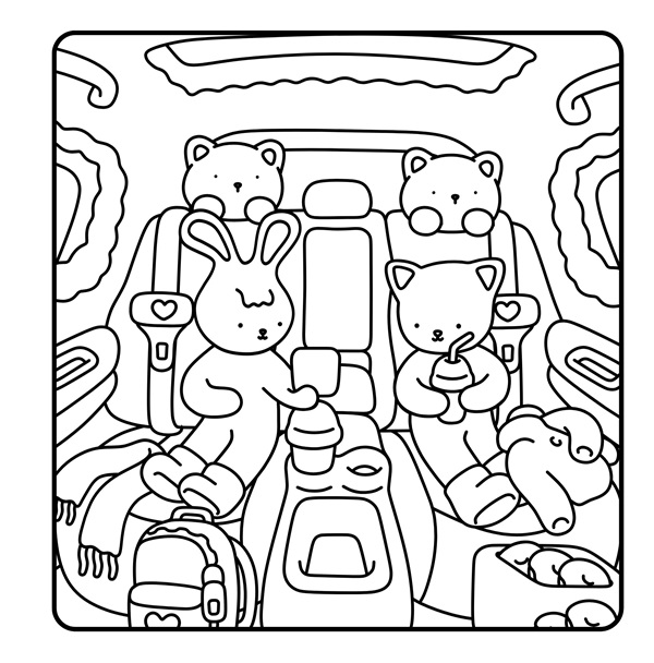 A bunny and a kitten sitting inside a car, with playful expressions. Coloring page. Coloring book. Kawaii. Line art. Animal characters