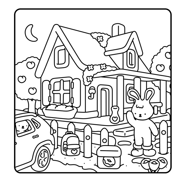 A bunny in front of her house, waving goodbye to her friends. Coloring page. Coloring book. Kawaii. Line art. Animal characters