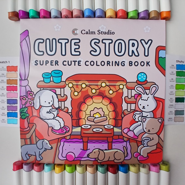 Three animal characters sitting in a cozy room with a fireplace, drinking coffee. Fully colored illustration. Line art. Coloring book. Kawaii.