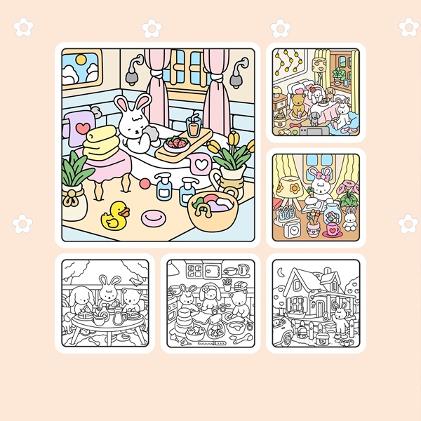 Multiple animal characters in various scenes, each in different settings. Fully colored illustration. Line art. Coloring book. Kawaii.